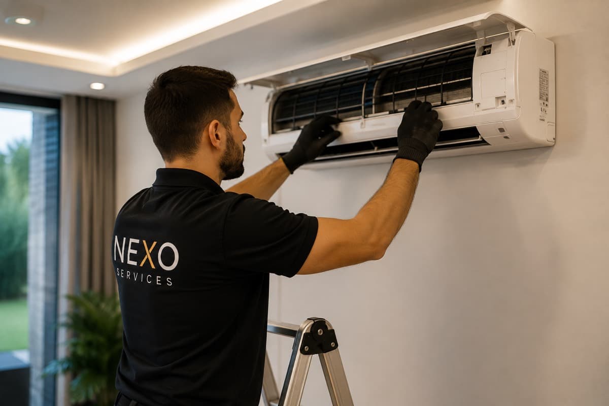 Técnico Nexo Services a fazer manutenção de ar condicionado